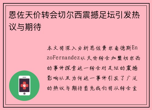 恩佐天价转会切尔西震撼足坛引发热议与期待