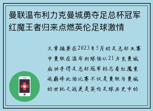 曼联温布利力克曼城勇夺足总杯冠军红魔王者归来点燃英伦足球激情